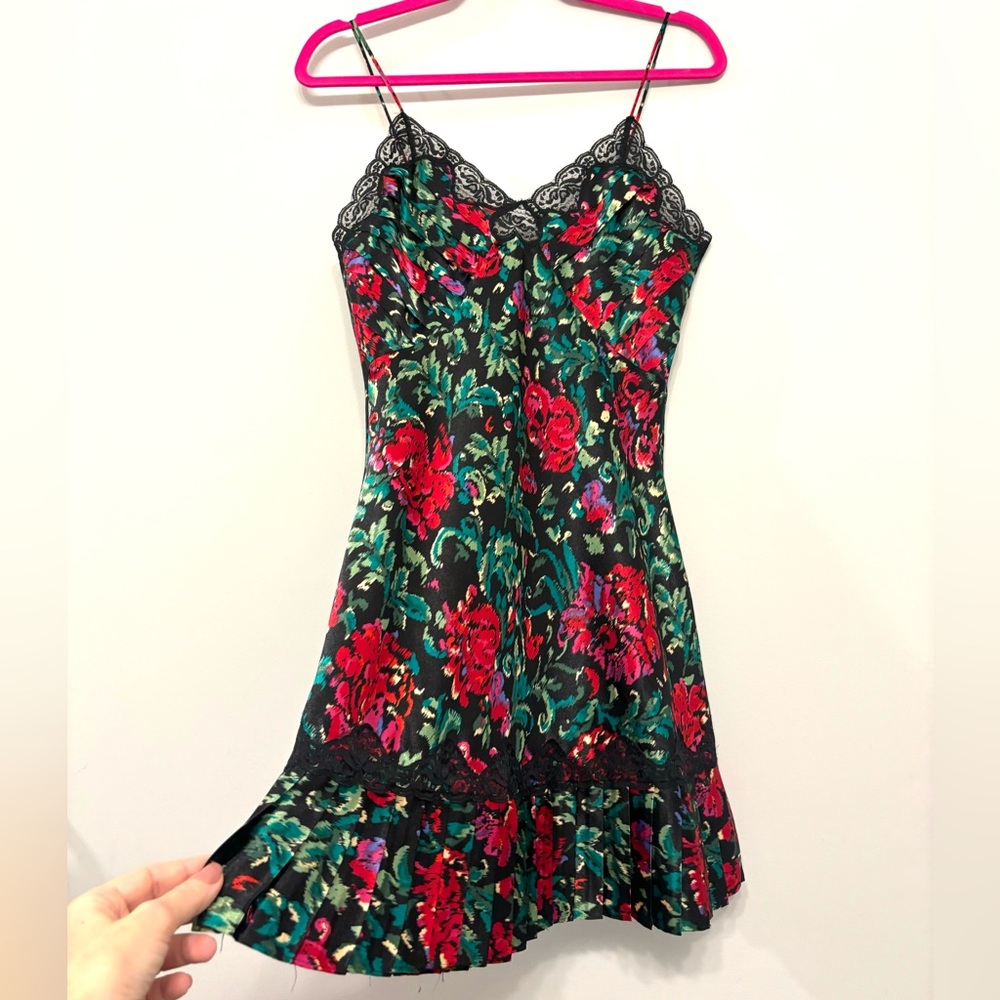 Victoria’s Secret 80s Gold Label Floral‎ Red Green Pleated Lingerie Slip Dress S
